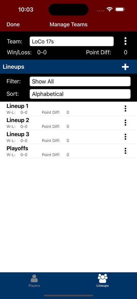 Volleyball Lineup Tracker app interface for managing multiple team lineups and tracking win-loss records