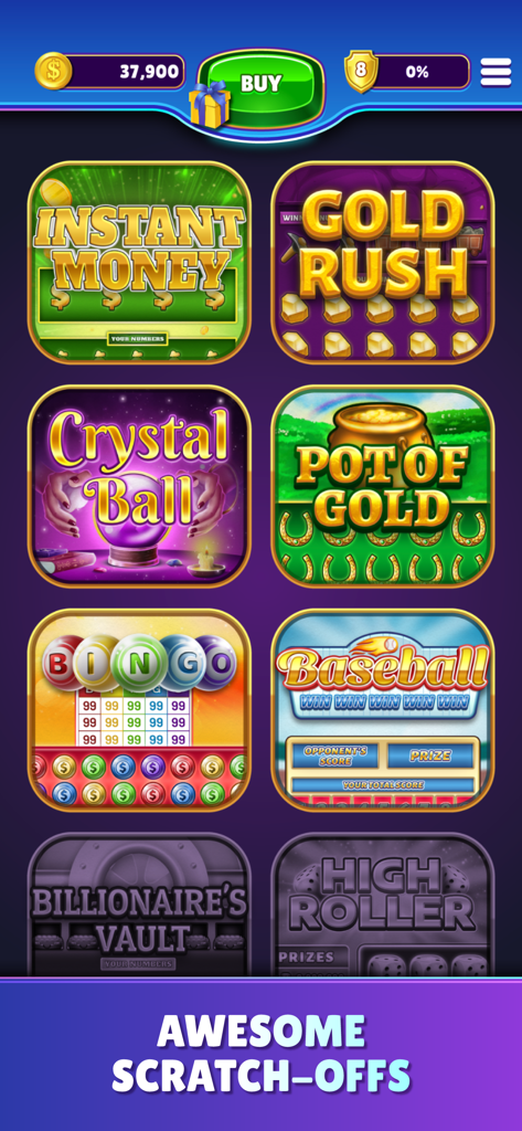 A menu screen from the Jackpot Scratchers mobile app showing a variety of colorful scratch-off lottery ticket themes like Gold Rush and Pot of Gold.