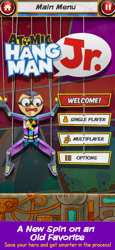 Atomic Hangman Jr - Main menu of Atomic Hangman Jr app showing single player and multiplayer game modes with a puppet hero character