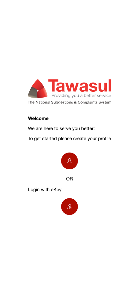 Pantalla de bienvenida de la aplicación Tawasul con opciones para crear un perfil o iniciar sesión con eKey