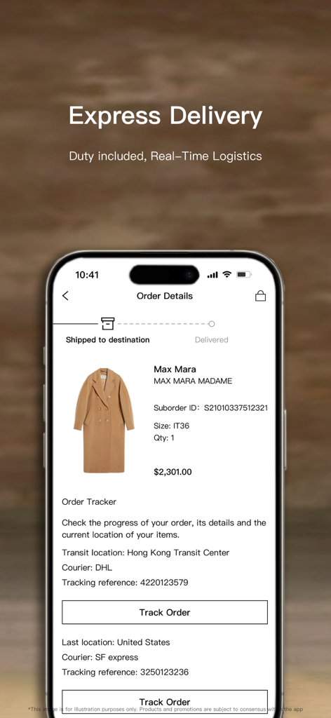 SENSER-Shop Luxury Fashion - SENSER app interface displaying express delivery and real-time tracking for a luxury fashion order.