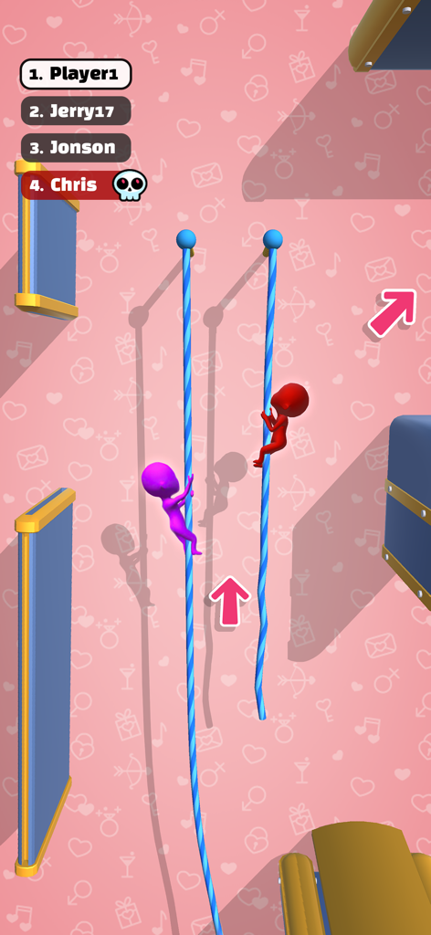 Two characters climbing ropes in a Run Race 3D parkour challenge