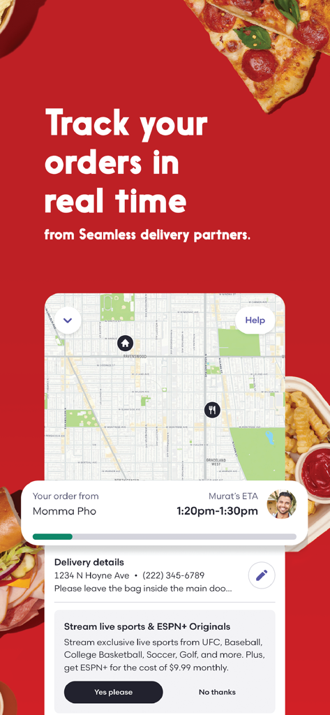 Seamless: Local Food Delivery - Mobile app screen showing a map for real-time order tracking from a local restaurant