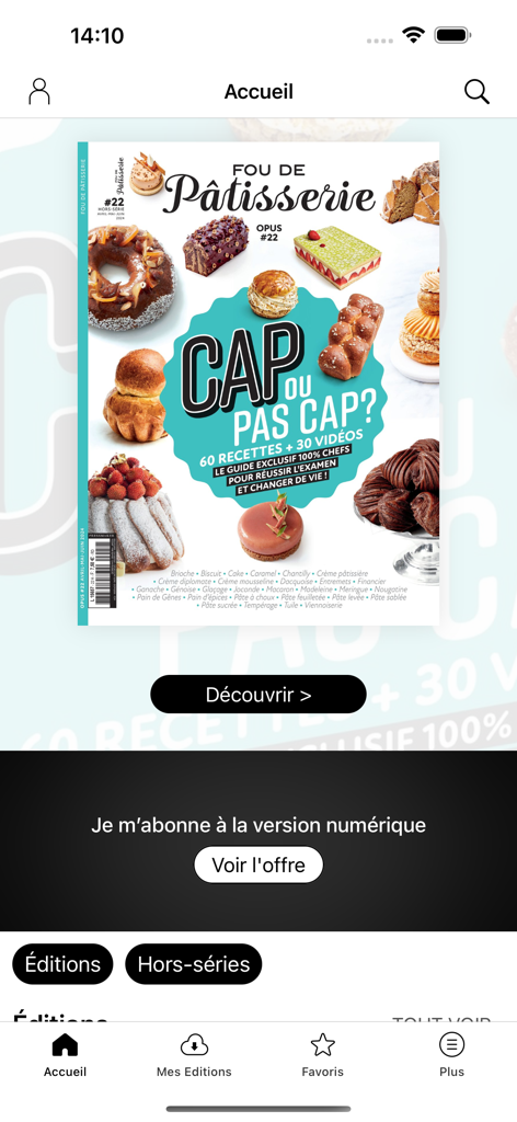 Fou de Pâtisserie - Fou de Patisserie app home screen showing a digital magazine cover with French pastries and a subscription offer.