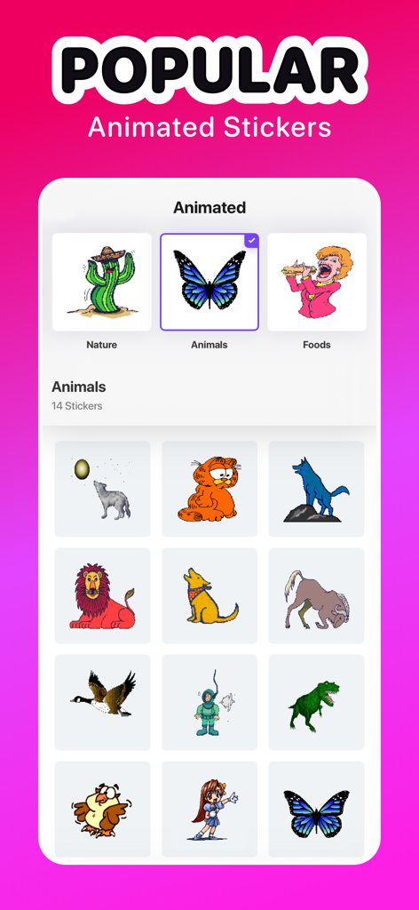 Interface of the Sticker Maker Hub app displaying a collection of popular animated animal stickers including a butterfly and a dinosaur.
