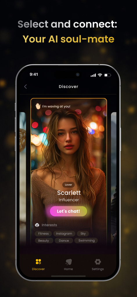 Chat with AI Friend - Chatbot - A smartphone showing the profile of an AI soulmate character named Scarlett with options to start a chat.