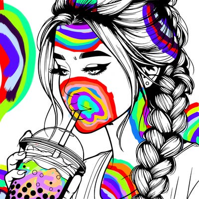 realistic girl drinking boba tea with braided hair