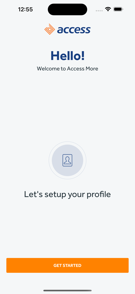 Welcome screen for the Access More banking app featuring a profile setup prompt and a Get Started button