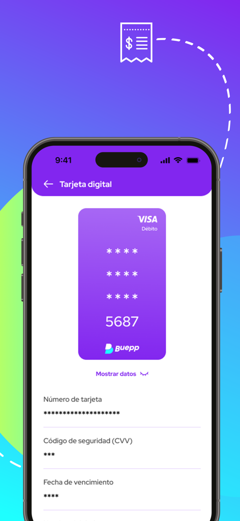 Buepp: Tu billetera urbana - A smartphone displaying the Buepp app digital Visa debit card interface with hidden card details.