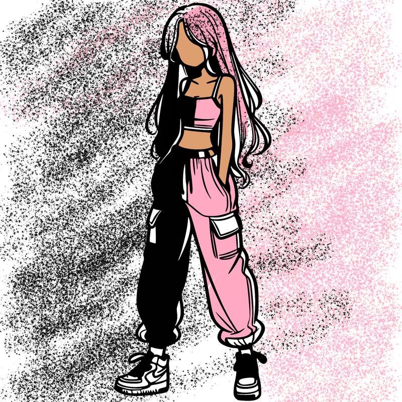 girl in baggy pants crop top and long hair