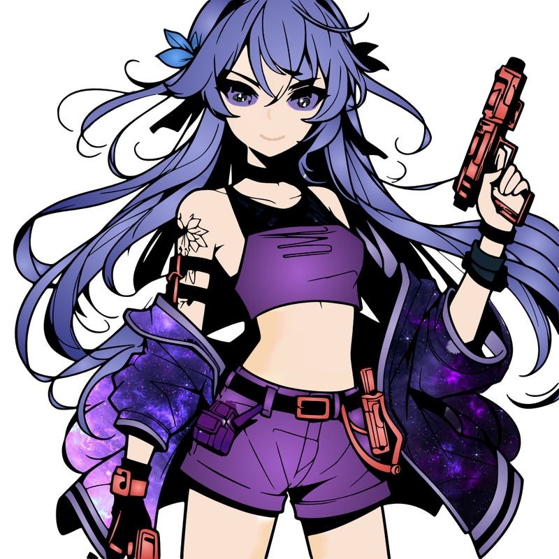 bad girl wearing crop top holding a gun long hair anime