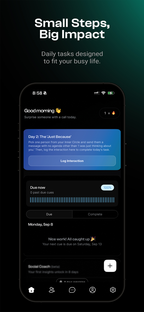 Socialite: Stay Connected - Socialite app screen showing a daily social task to message a friend and track progress.