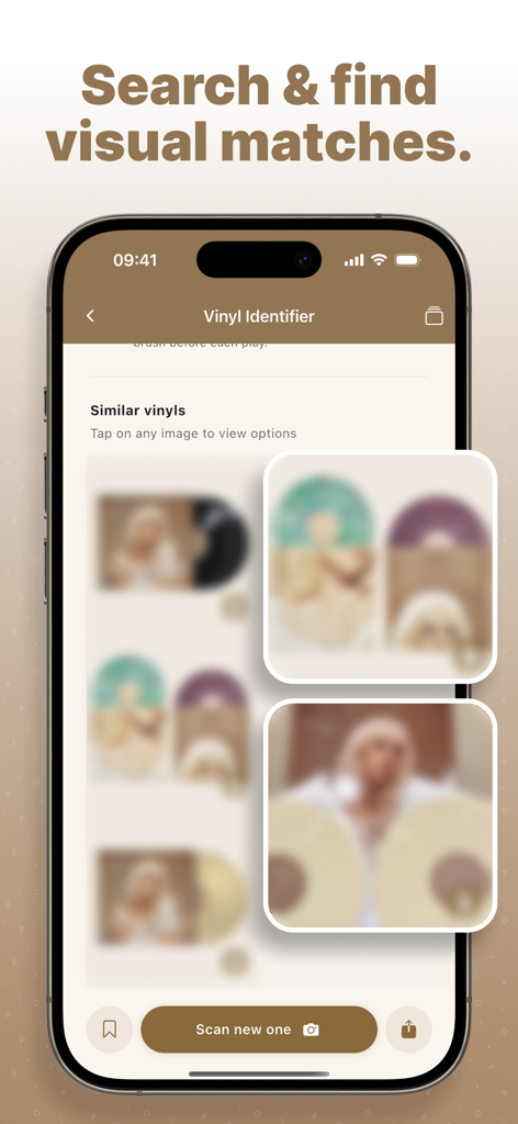 A smartphone displaying the Vinyl Identifier app interface with a section for similar vinyl record visual matches.
