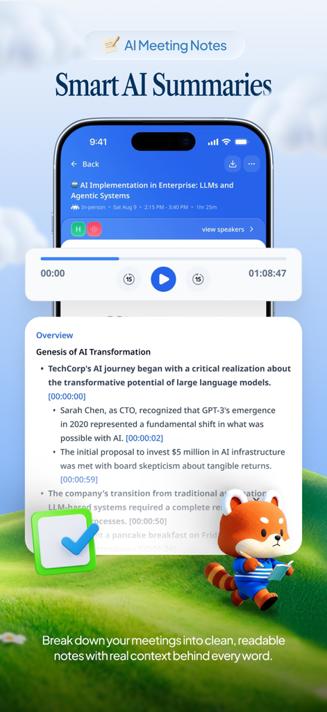 A smartphone displaying a Meeting.ai smart AI summary with timestamps, bullet points, and a red panda mascot character.