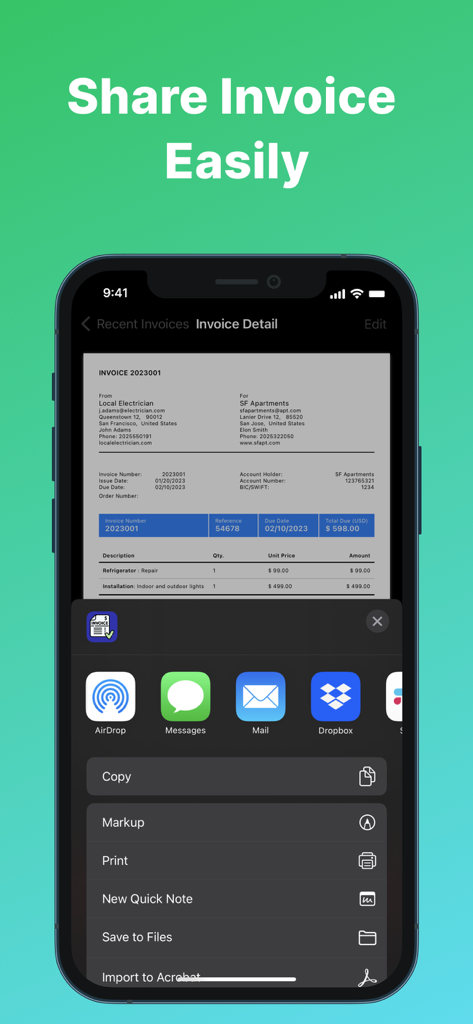 Smartphone screen showing an invoice sharing menu with options for AirDrop, Messages, and Mail.