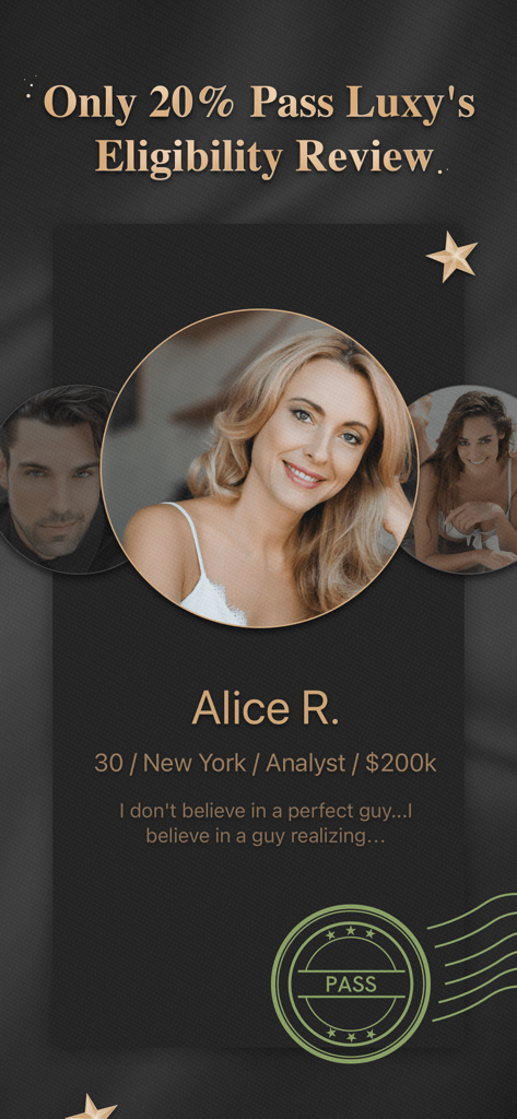 Luxy PRO user profile showing income verification and eligibility review pass stamp