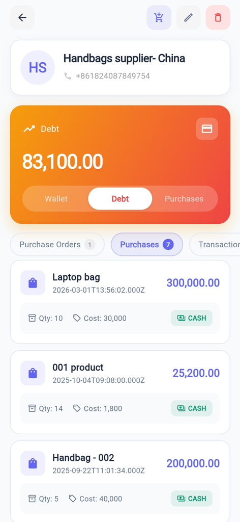 SmartBusiness Bookkeeping App - Interfaccia dell'app SmartBusiness che mostra i debiti con i fornitori e un elenco di transazioni di acquisto per articoli di inventario.