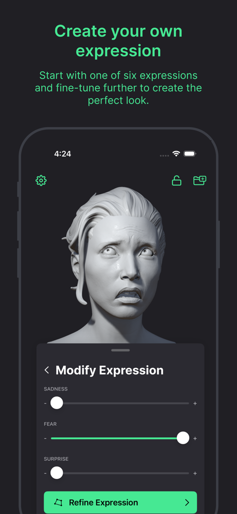 Head Model Studio - Art Study - A 3D female head model with a fearful expression in the Head Model Studio app interface featuring sliders for sadness fear and surprise