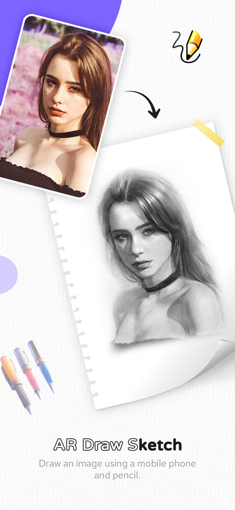 AR Drawing - Learn to Draw Art - Una foto digital siendo calcada en un boceto realista a lápiz sobre un cuaderno de dibujo