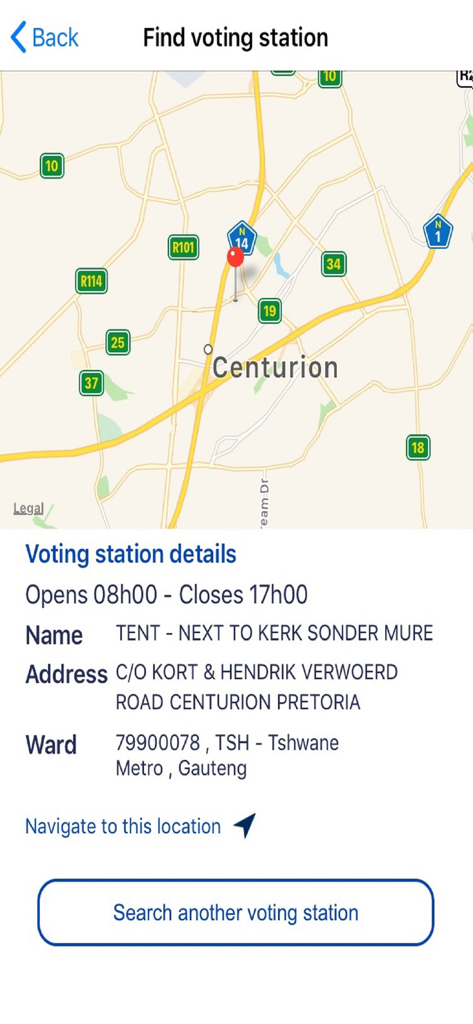 Mapa e detalhes de um local de votação no aplicativo IEC South Africa