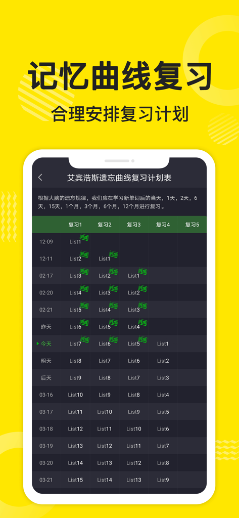 A mobile app screenshot showing a vocabulary review schedule based on the Ebbinghaus forgetting curve for systematic English learning.