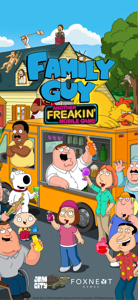 O elenco principal de Family Guy reunido em torno de um food truck laranja na tela de título de Mais um Jogo Móvel Incrível.
