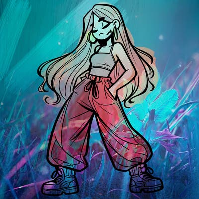 girl in baggy pants crop top and long hair