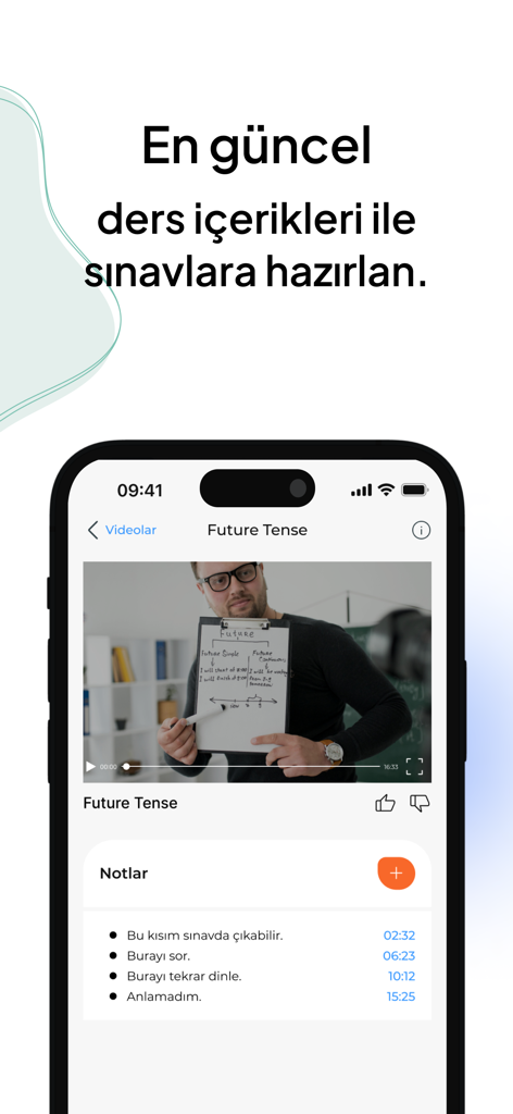 MyExamy - Interface do aplicativo MyExamy mostrando uma aula em vídeo educacional com notas sincronizadas e carimbos de data/hora