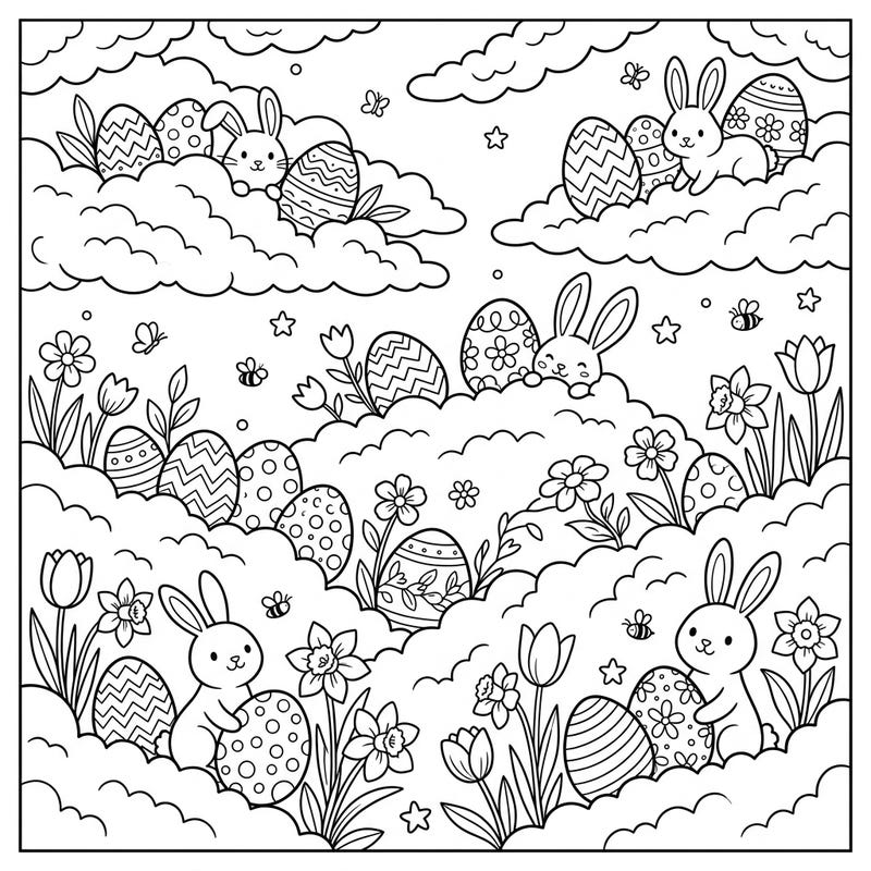 Dive into a delightful Easter scene where adorable bunnies and beautifully patterned eggs peek out from soft, altocumulus-like clouds. This charming design, brimming with spring flowers and tiny details, promises a joyful and imaginative coloring experience for all ages.