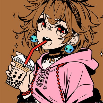 hot baddie anime girl drinking boba and biting the straw