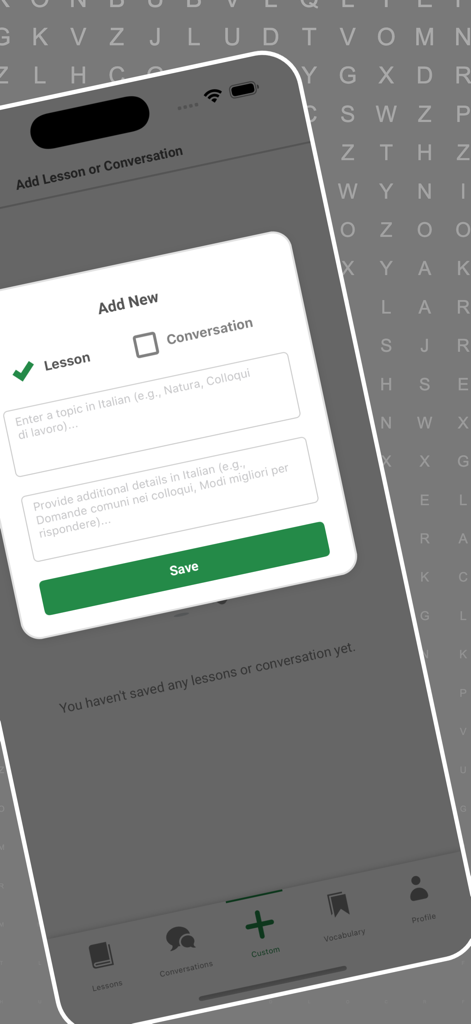 Interface of the ItalicoAI app showing the custom lesson and conversation creation tool.