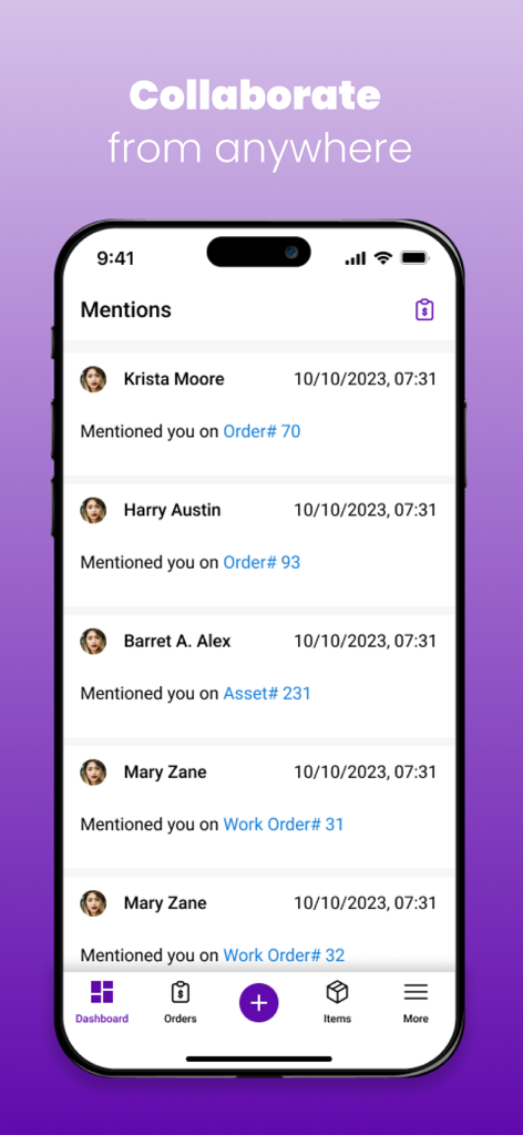 EZRentOut - EZRentOut app Mentions screen showing team collaboration on orders and assets.