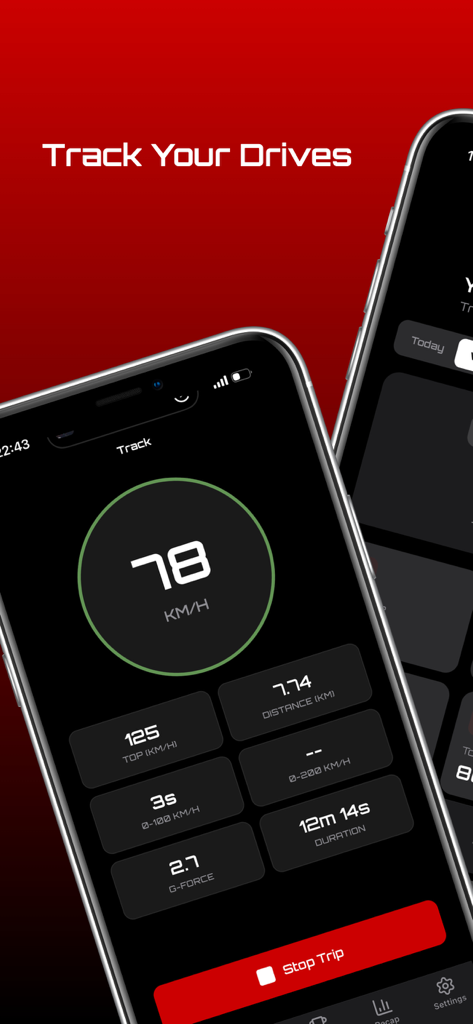 RedLine app interface displaying real time car speed and performance metrics like acceleration and G force