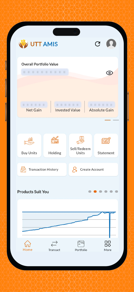 Startbildschirm der UTT AMIS-App mit Portfolioübersicht und Investitionsoptionen