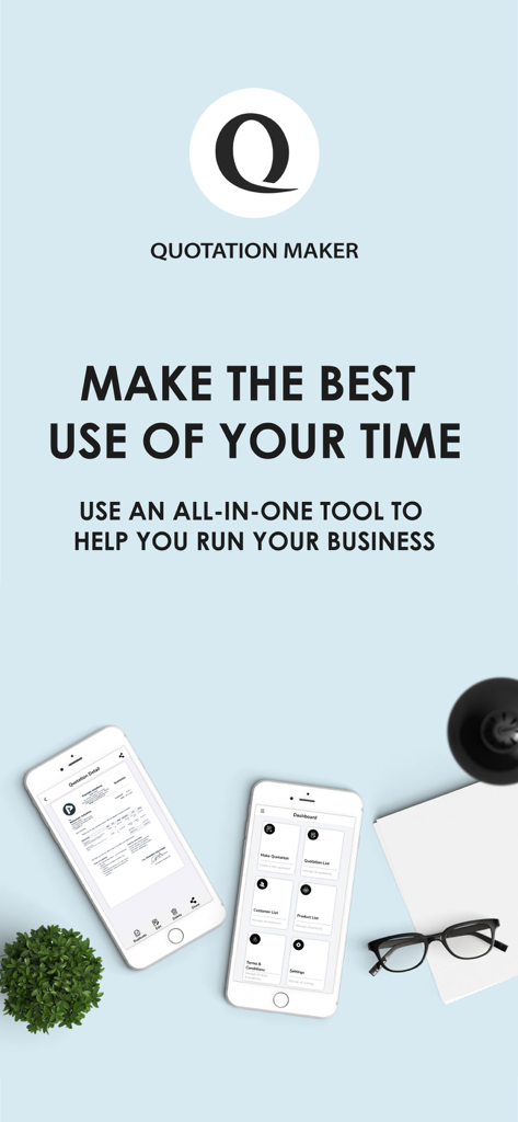 Quotation Maker - Aplicativo Quotation Maker exibindo uma cotação profissional e painel de negócios em smartphones