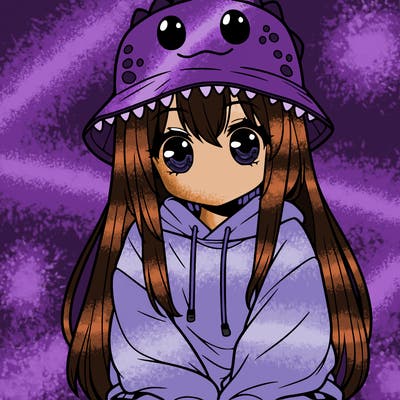 girl with anime shaped eyes with a dinosaur bucket hat oversized sweatshirt long straight hair