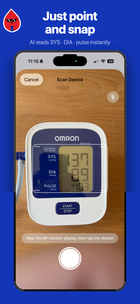 BP Tracker - Blood Pressure - iPhone app interface showing instant photo recognition of a blood pressure monitor display