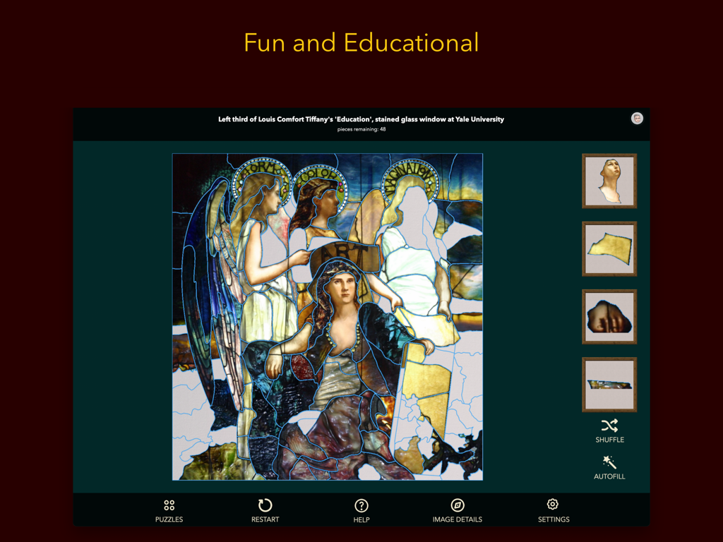 イェール大学のティファニー教育の窓を示すステンドグラスパズルゲーム。
