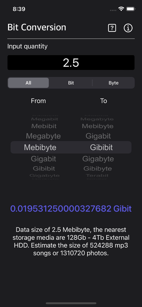 Bit Converter Plus - Digital unit conversion interface of Bit Converter Plus app in dark mode showing Mebibyte to Gibibit conversion