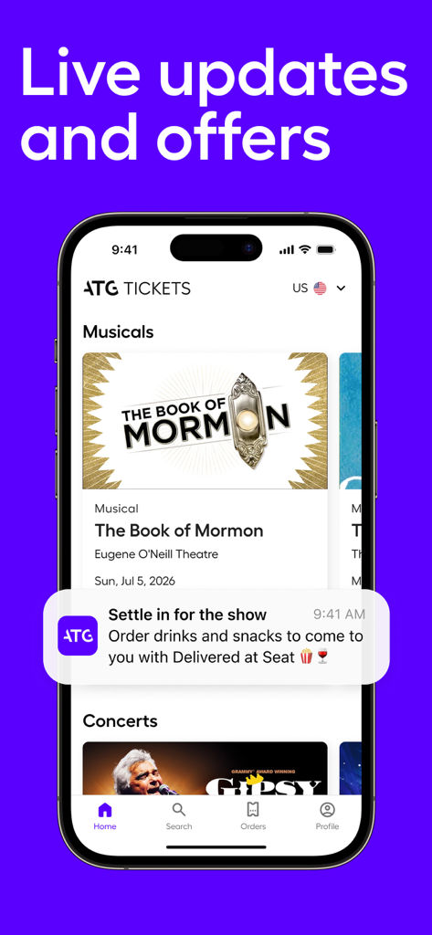 ATG Tickets App-Bildschirm mit Theatershows und einer Benachrichtigung für Snacks und Getränkeservice am Platz.