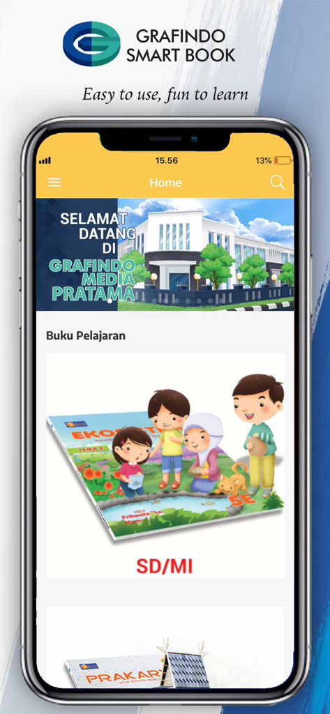 Grafindo Smart Book - Pantalla de inicio de la aplicación Grafindo Smart Book que muestra libros de texto escolares indonesios
