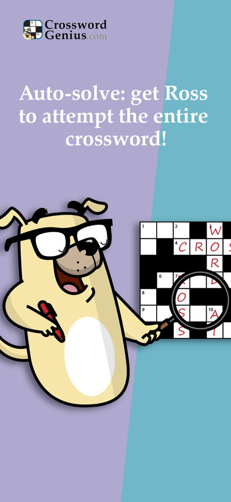 Crossword Genius - Cartoon dog mascot Ross using a magnifying glass and pen to help solve a crossword puzzle in the Crossword Genius app