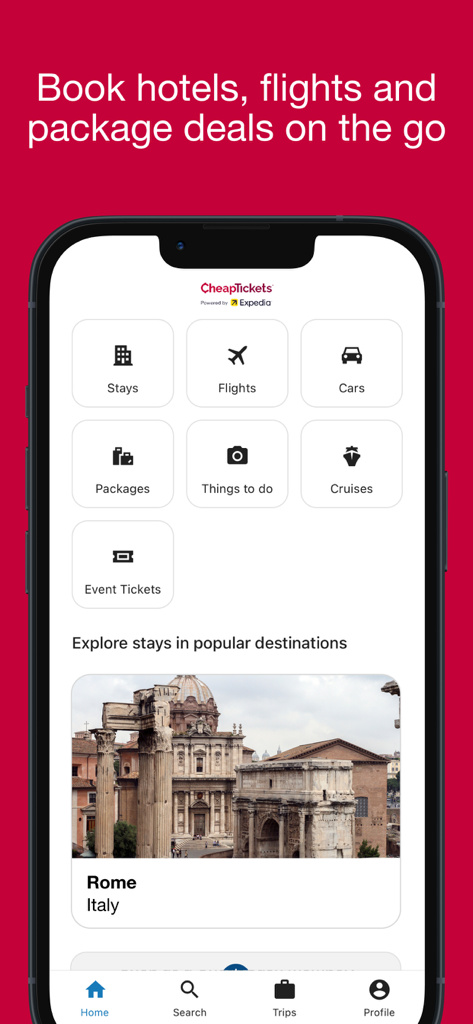 CheapTickets app home screen showing booking options for hotels flights and travel packages
