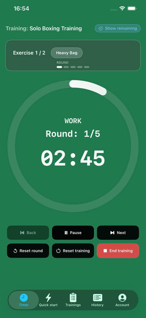 BoxTime - Boxing Timer - Tela de treino ativa do aplicativo BoxTime mostrando um cronômetro de round de boxe para uma sessão de treino de saco de pancadas