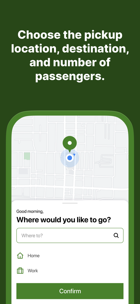 The Ready! By MATA app screen showing a map and options to select a destination for a transit ride.