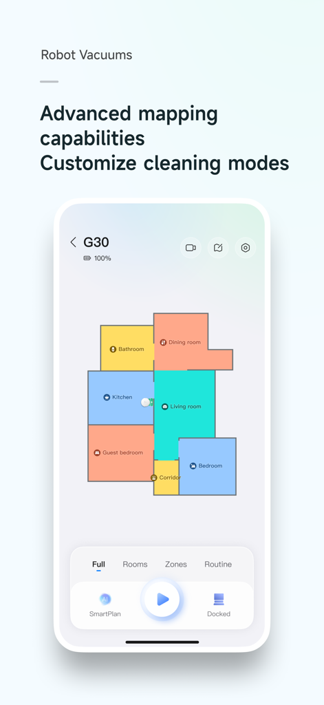 Una pantalla de smartphone que muestra el mapa del plano de la aplicación Roborock con habitaciones codificadas por colores para un robot aspirador.