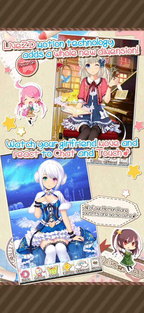 Dream Girlfriend - Dream Girlfriend game interface showing anime characters with Live2D motion technology and rare outfits