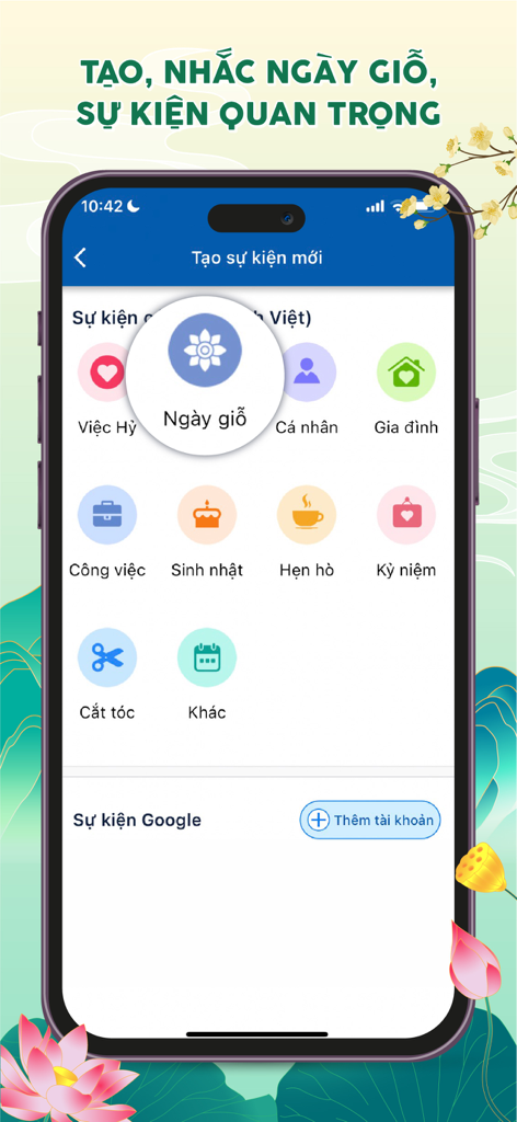 Lịch Vạn Niên 2026, Lịch Việt - Interfaccia dell'app Lịch Việt per creare promemoria di eventi importanti come anniversari di morte, compleanni e orari di lavoro.