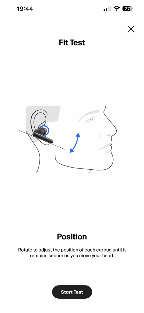HP Poly Studio Mobile - Écran de test d'ajustement et de positionnement des écouteurs dans l'application HP Poly Studio Mobile.