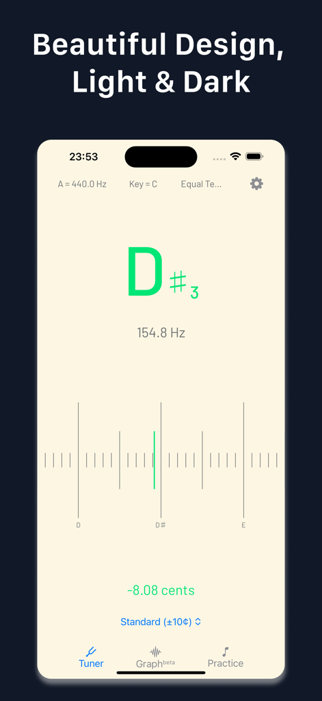 Pitch Perfect Tuner+Visualiser - Una captura de pantalla de la interfaz de la aplicación Pitch Perfect Tuner y Visualiser en modo claro que muestra una visualización precisa de la afinación de Re sostenido y un medidor de frecuencia.